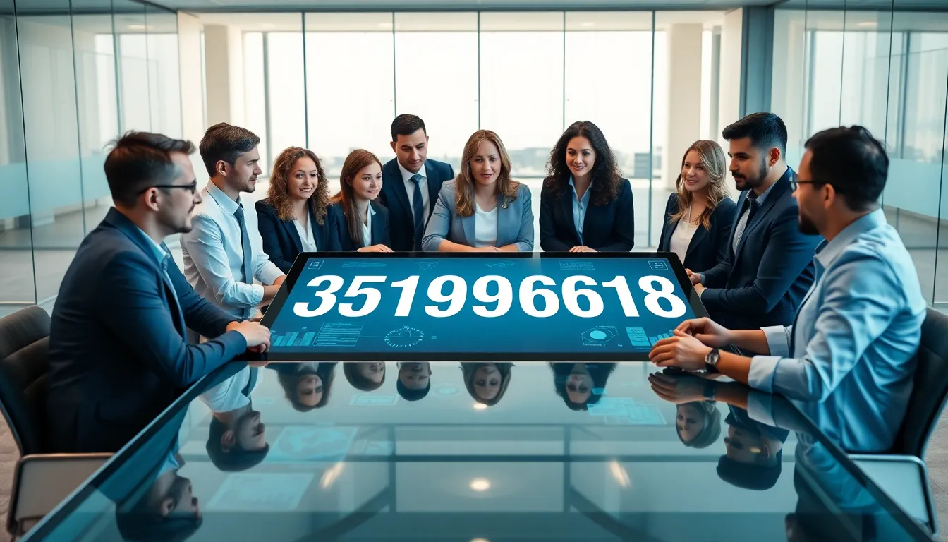 professionals discussing data analysis in a modern office setting.